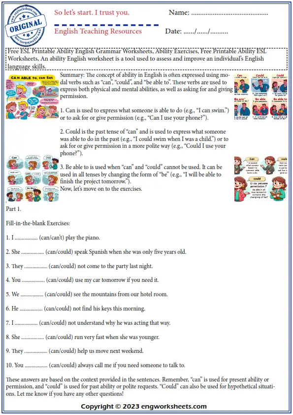 Free ESL Printable Ability English Grammar Worksheets and Exercises Worksheet Preview